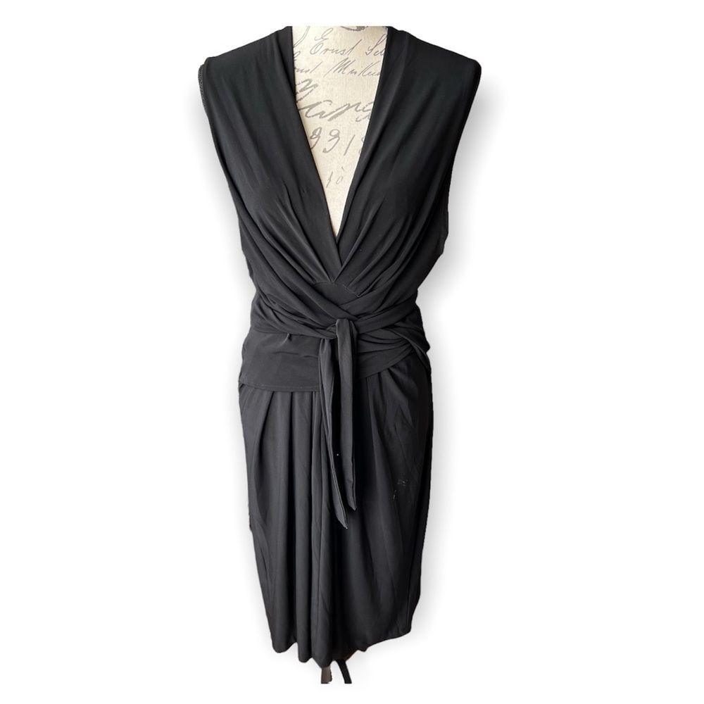 Norma Kamali Sleeveless Dress Tie Waist Stretchy Black Cocktail Career S…